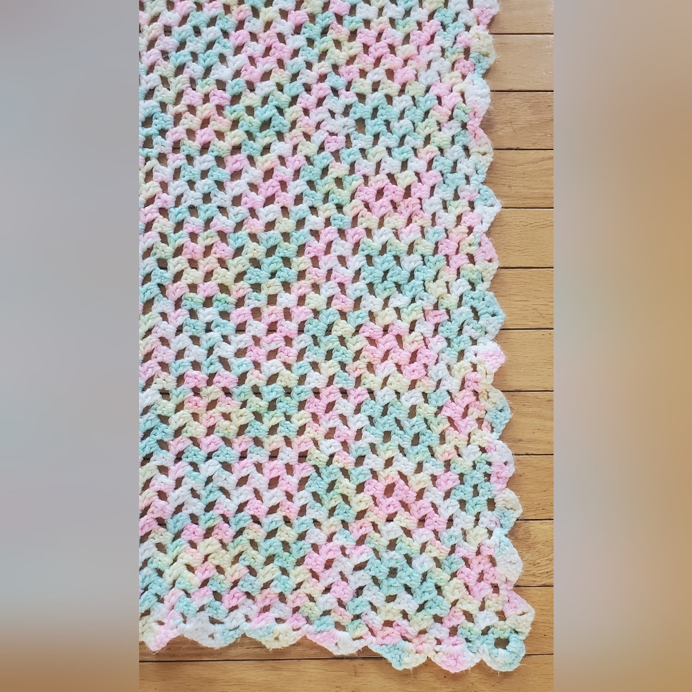 Handmade Crochet Baby Blanket Afghan Throw 32X37 Green White Pink Yellow Pastel